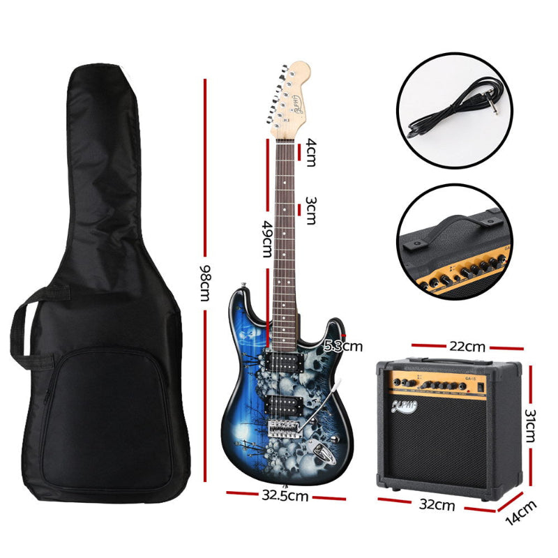 Alpha Electric Guitar & 20W Amplifier. Guitar dimensions: 98x32.5cm, neck 49cm. Amplifier dimensions 32x14x31cm.