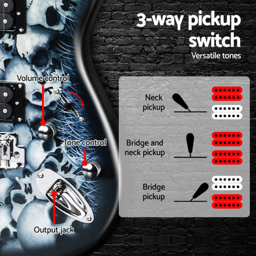 3-way pickup switch, neck pickup, bridge and neck pickup, bridge pickup, volume control, tone control, output jack.