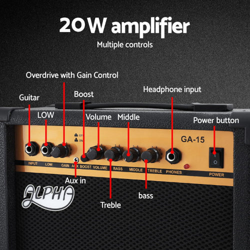 Alpha 20W amplifier, multiple controls:  overdrive with gain control, headphone input, power button.