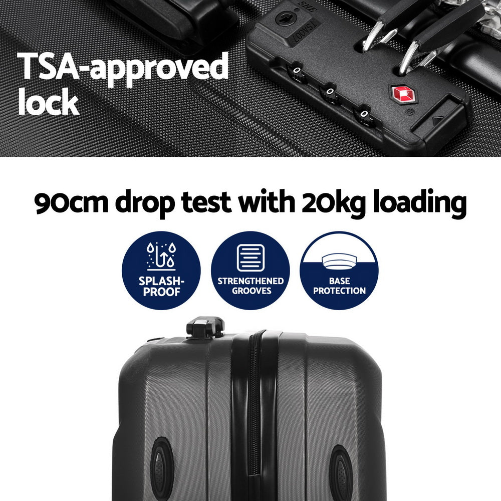 TSA approved lock, 90cm drop test with 20kg loading, splash proof, strengthened grooves, base protection