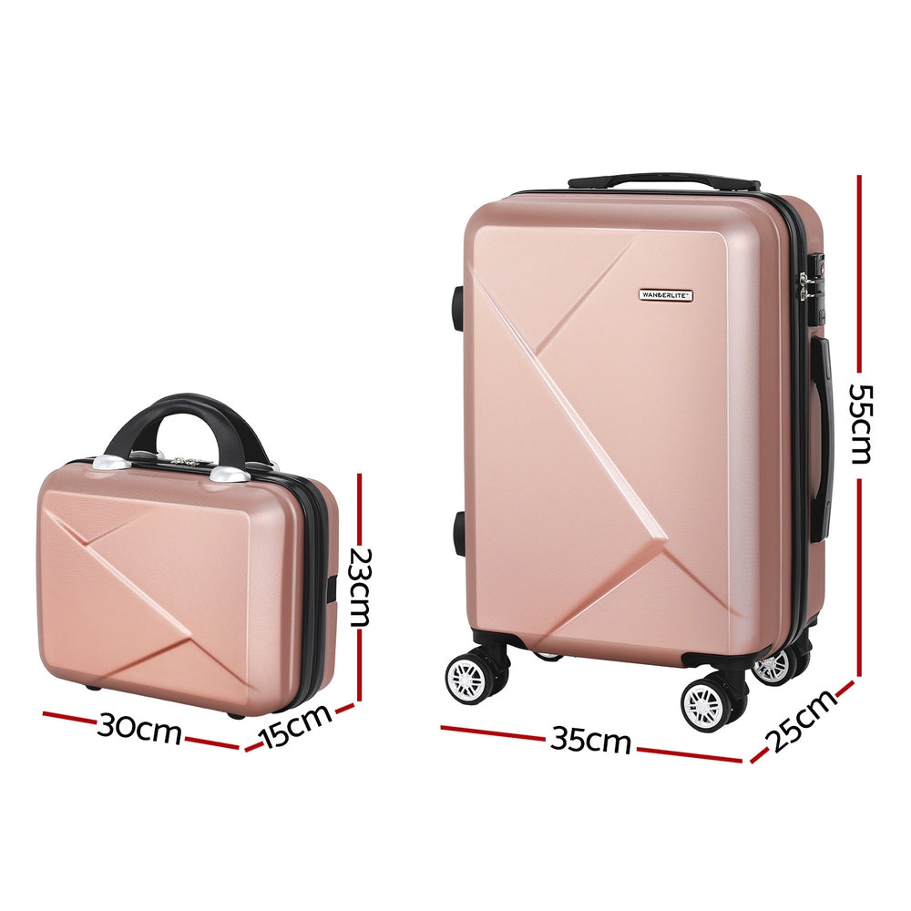 Wanderlite 2pc Luggage 12" 20" Travel Suitcase Set. Rose Gold. Dimensions 35cm x 25cm x 55cm,  30cm x 15cm x 23cm 