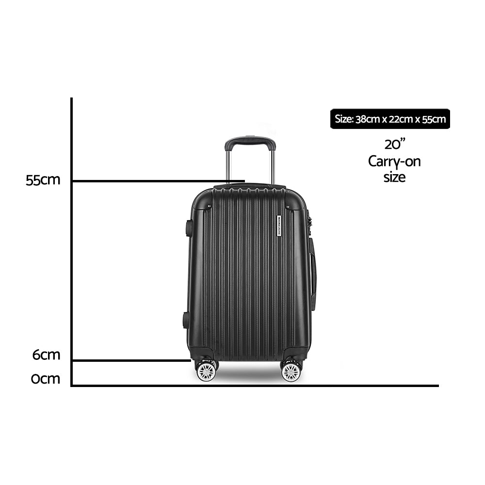 Wanderlite 55cm Luggage Travel Set Suitcase Carry On Hard Shell Case Lightweight Black. Dimensions 38cm x 22cm x 55cm. 