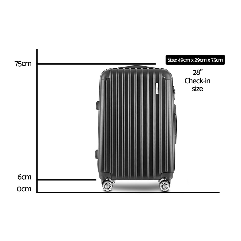 Wanderlite 28" 75cm Luggage Travel Set Suitcase Carry On Hard Case TSA Lock Lightweight Black. Dimensions 49cm x 29cm x 75cm.