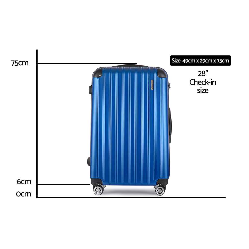 Wanderlite 75cm Luggage Travel Suitcase Set Carry On Hard Case TSA Lock Lightweight Blue. Dimensions 49cm x 29cm x 75cm.