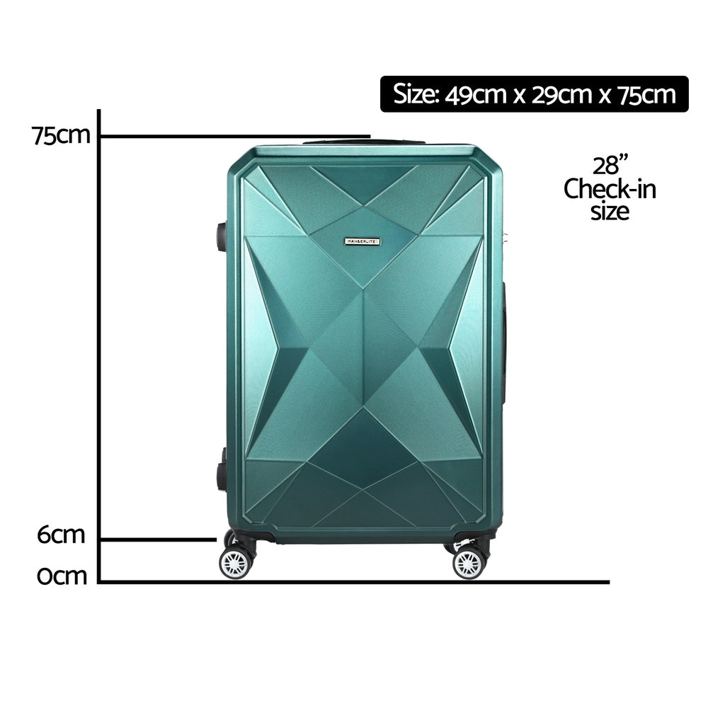 Wanderlite 75cm Luggage Travel Suitcase Carry On Storage TSA Hardshell Atrovirens. Dimensions 49cm x 29cm x 75cm.