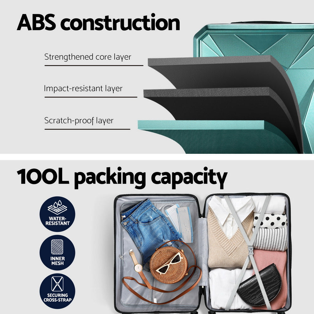 Wanderlite 75cm Luggage Travel Suitcase Carry On Storage TSA Hardshell Atrovirens. ABS construction. 100L capacity.