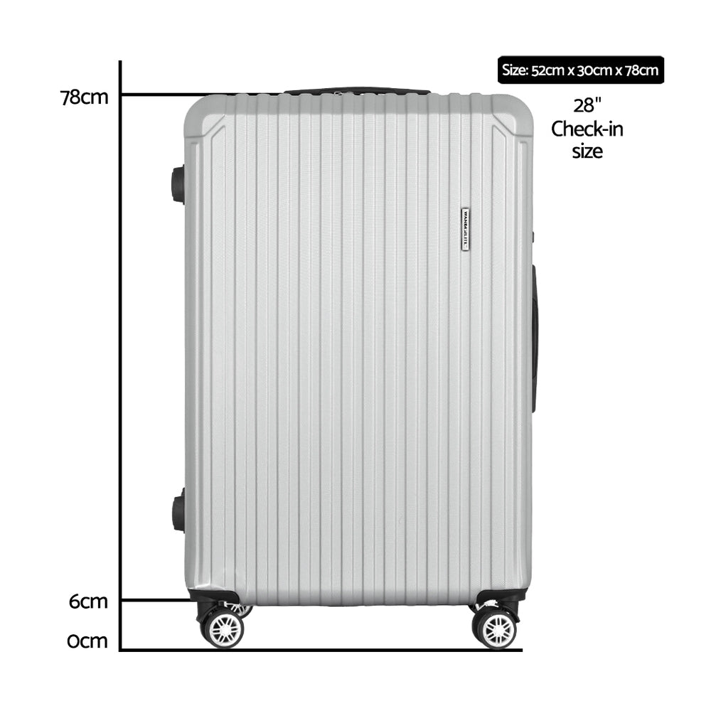 Wanderlite 28'' Luggage Travel Suitcase Set TSA Carry On Hard Case Light Grey. Dimensions 52cm x 30cm x 78cm.