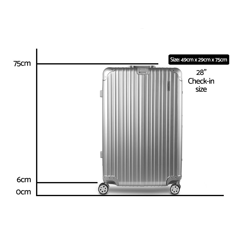 Silver suitcase dimensions: 49cm x 29cm x 75cm