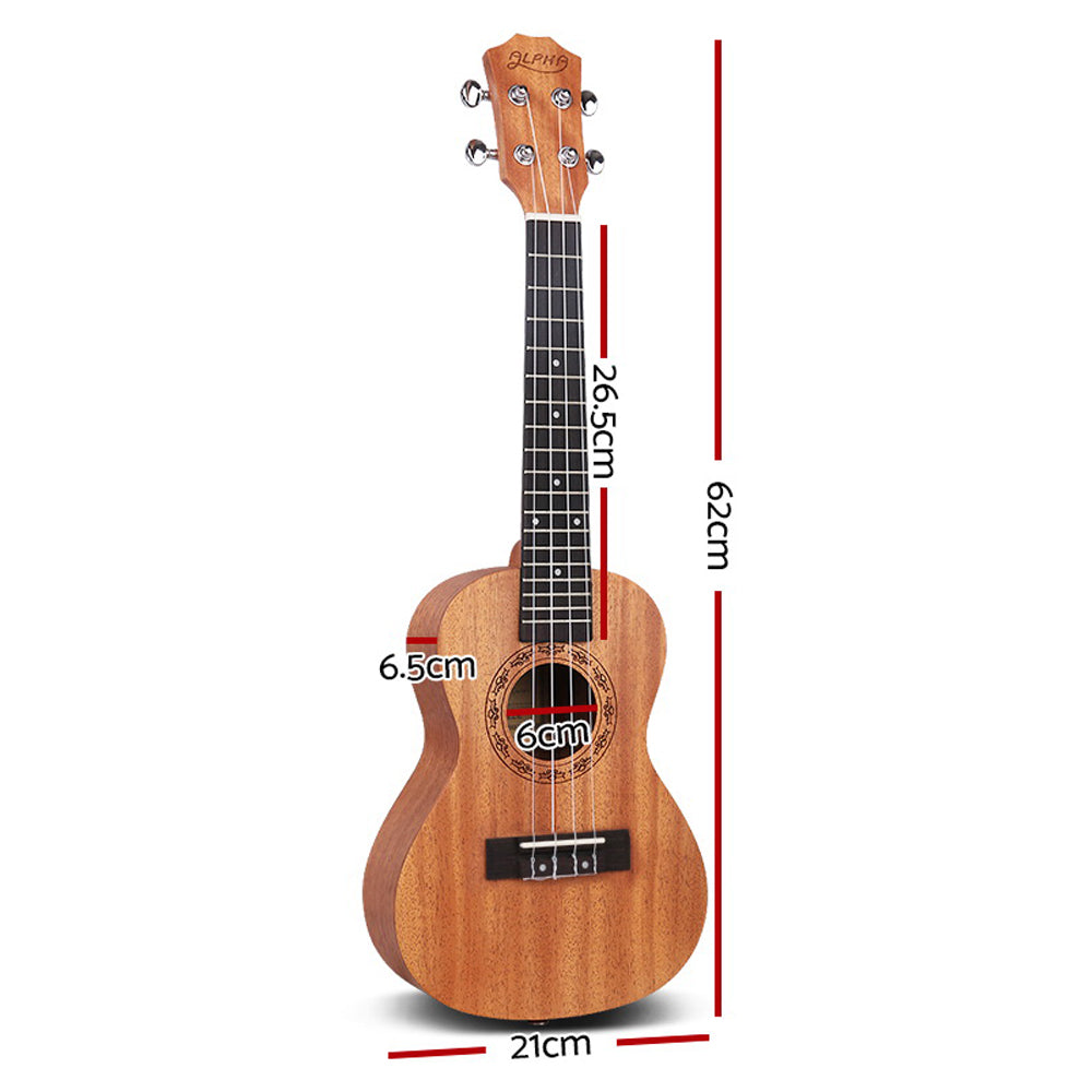 Alpha 23" Concert Ukulele Mahogany Hawaii Guitar.  Dimensions 21cm x 62cm.  26.5cm neck. 6cm soundhole, 6.5cm depth.