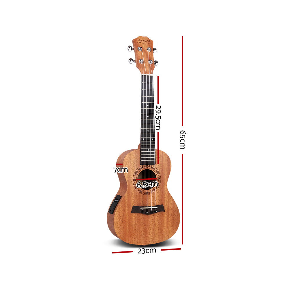 Alpha 26" Ukulele Equaliser Natural Mahogany Tenor Beginner Gift. Dimensions 23cm x 65cm. Soundhole 6.5cm, neck 29.5cm, depth 7cm.