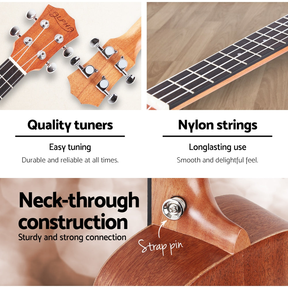 Alpha 26" Ukulele Equaliser Natural Mahogany Tenor Beginner Gift. Quality tuners, easy tuning, nylon strings, long lasting use, neck-through construction, strap pin.