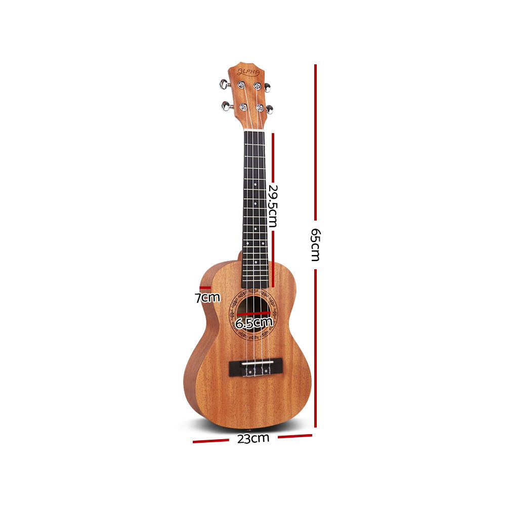 Alpha 26" Ukulele Natural Mahogany Tenor Beginner Gift. Dimensions 23cm x 65cm. 29.5cm neck. 6.5cm soundhole. 7cm depth.