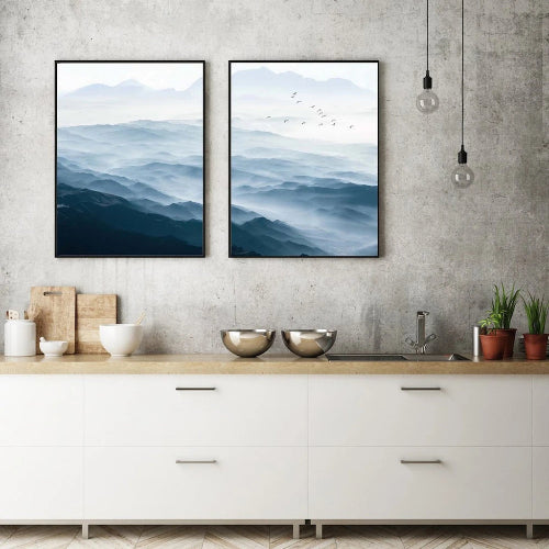 Wall Art 60cmx90cm Blue mountains 2 Sets Black  Frame Canvas