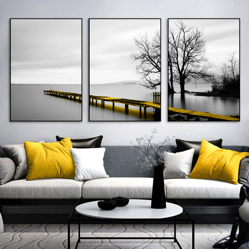 Wall Art 40cmx60cm Calm Lake Bridge Tree Scene 3 Sets Black Frame Canvas