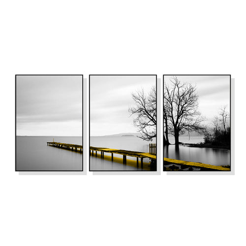 Wall Art 60cmx90cm Calm Lake Bridge Tree Scene 3 Sets Black Frame Canvas