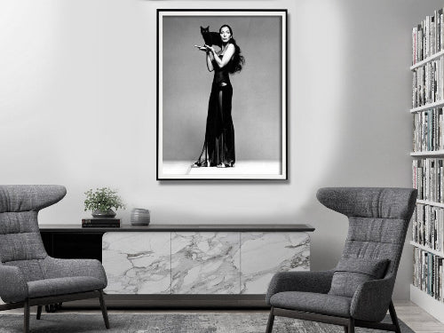 Cher with Black Cat | Black Frame Canvas Print | 70cmx100cm