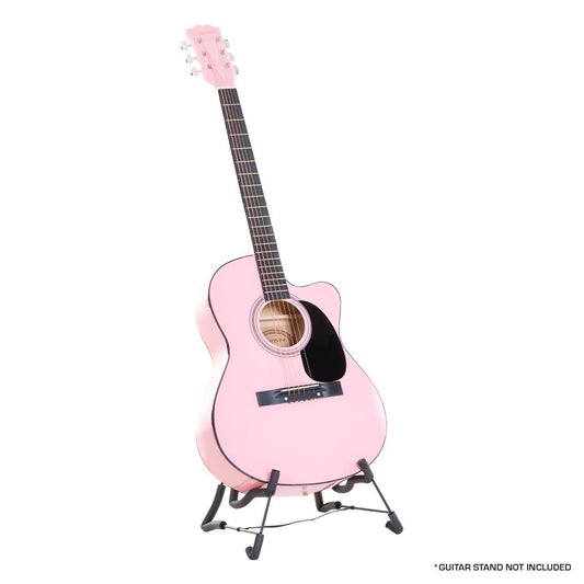Acoustic Guitar | Karrera 40 Inch Cutaway | Steel Strings | Pink. Sitting on guitar stand (stand not included).