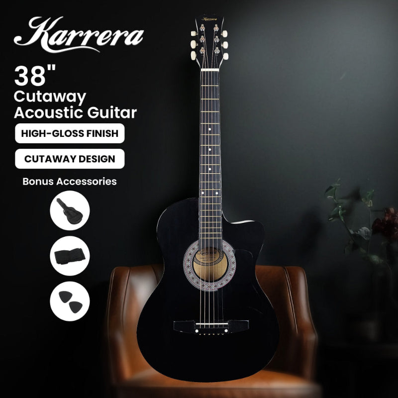 Karrera 38in Cutaway Acoustic Guitar with guitar bag - Black