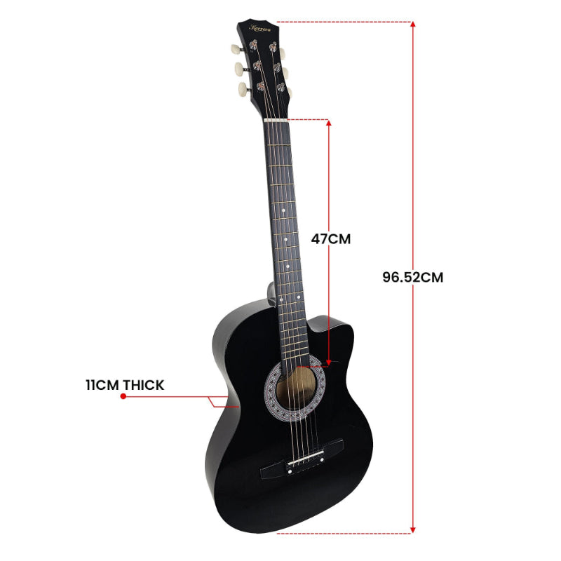 Karrera 38in Cutaway Acoustic Guitar with guitar bag - Black. Dimensions 96.52cm long, 11cm thick, 47cm neck.