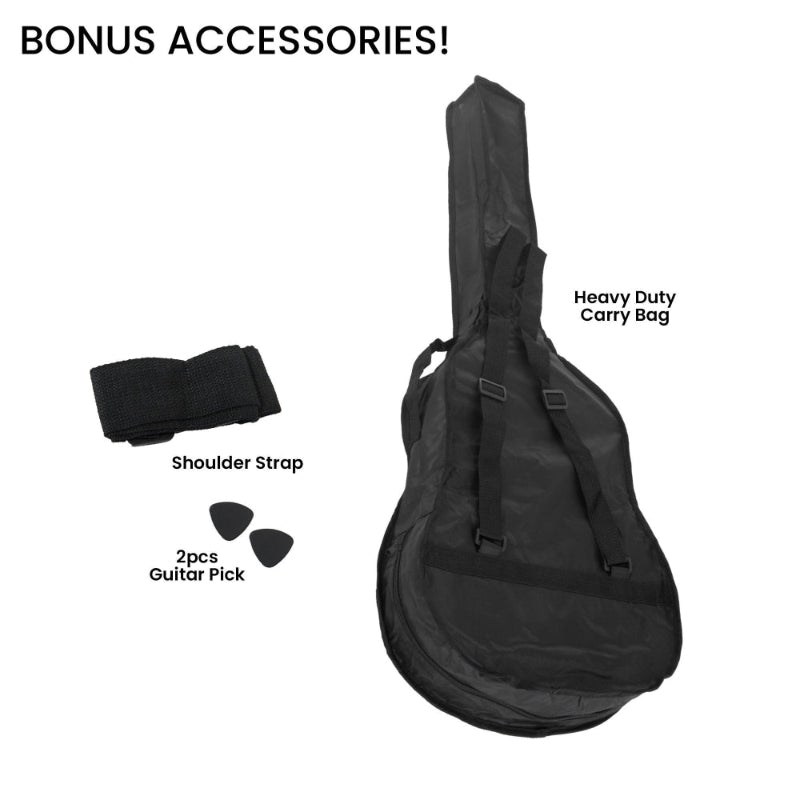 Bonus accessories - heavy duty carry bag, 2 guitar picks, shoulder strap.