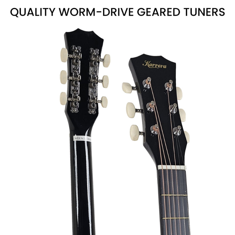 Karrera 38in Cutaway Acoustic Guitar with guitar bag - Black. Quality worm-drive geared tuners.