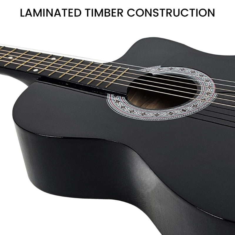 Karrera 38in Cutaway Acoustic Guitar with guitar bag - Black. Laminated timber construction.