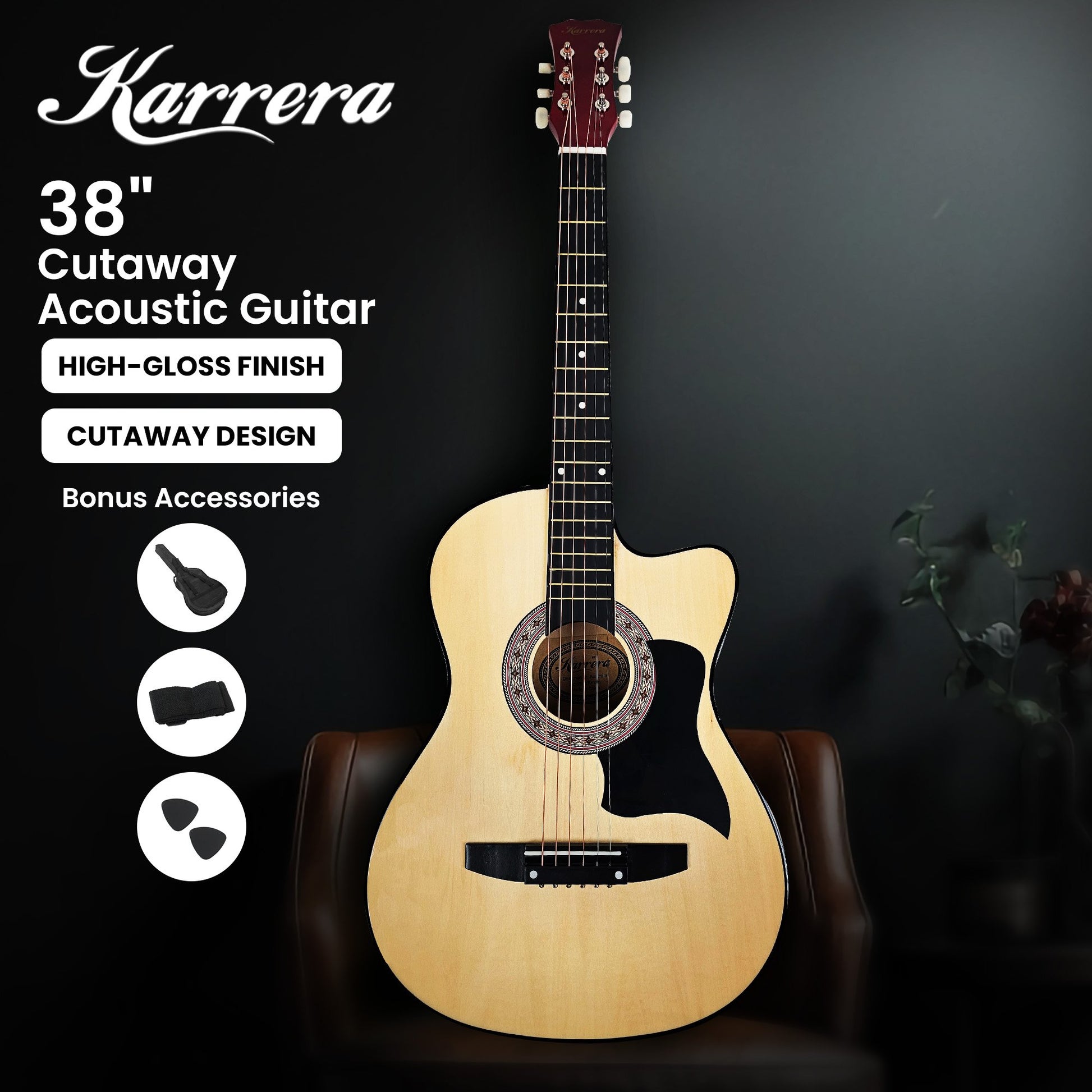 Karrera 38in Cutaway Acoustic Guitar with guitar bag - Natural - Audio & Video > Musical Instrument & Accessories > Guitars - Fosmore