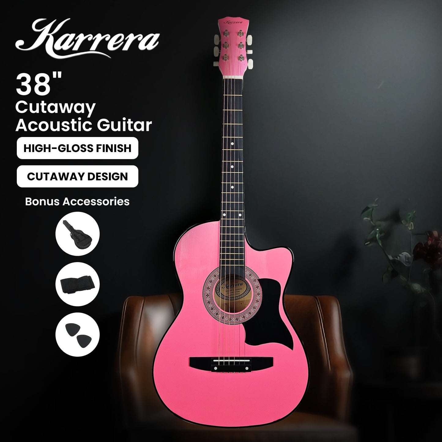 Karrera 38in Cutaway Acoustic Guitar with guitar bag - Pink - Audio & Video > Musical Instrument & Accessories > Guitars - Fosmore