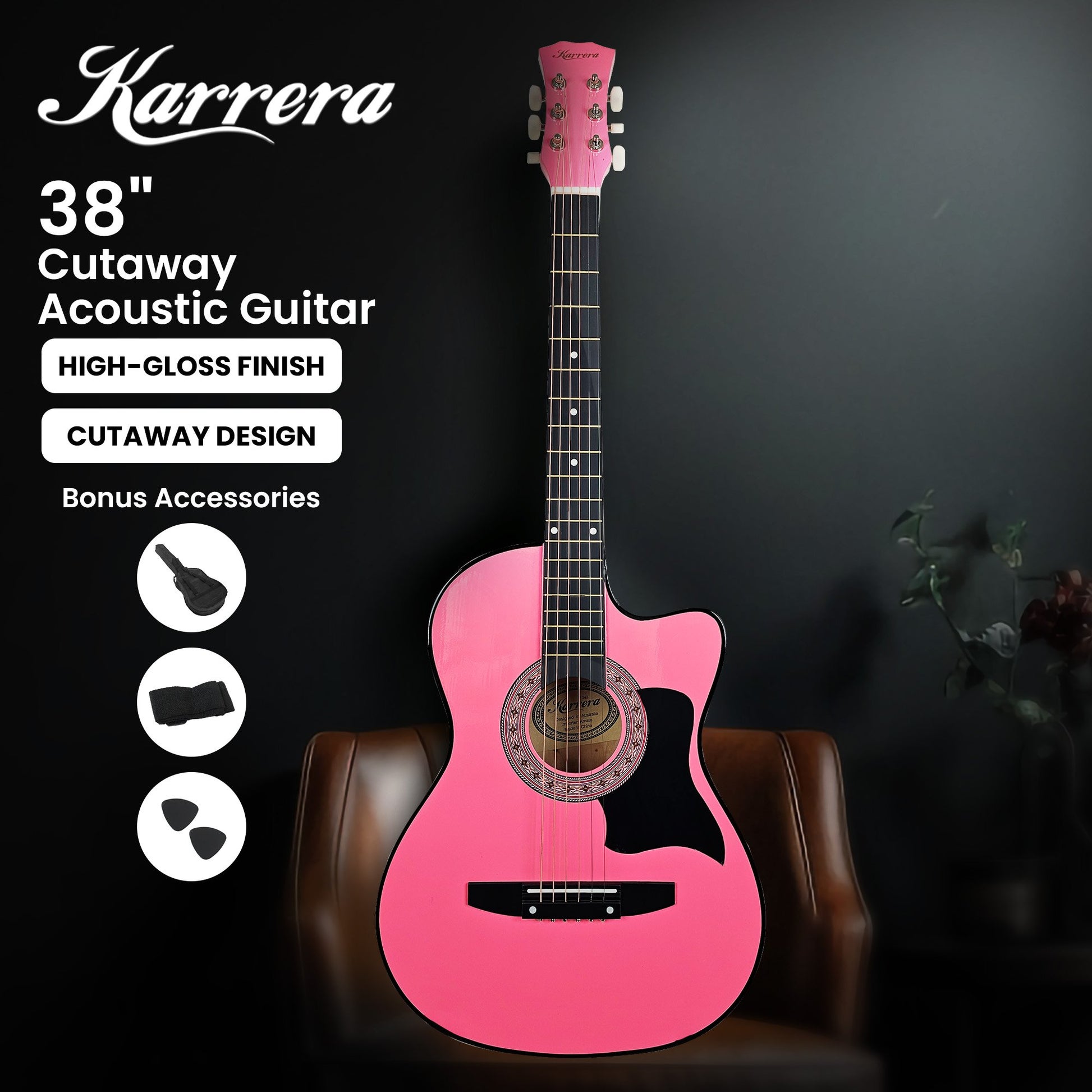 Karrera 38in Cutaway Acoustic Guitar with guitar bag - Pink - Audio & Video > Musical Instrument & Accessories > Guitars - Fosmore