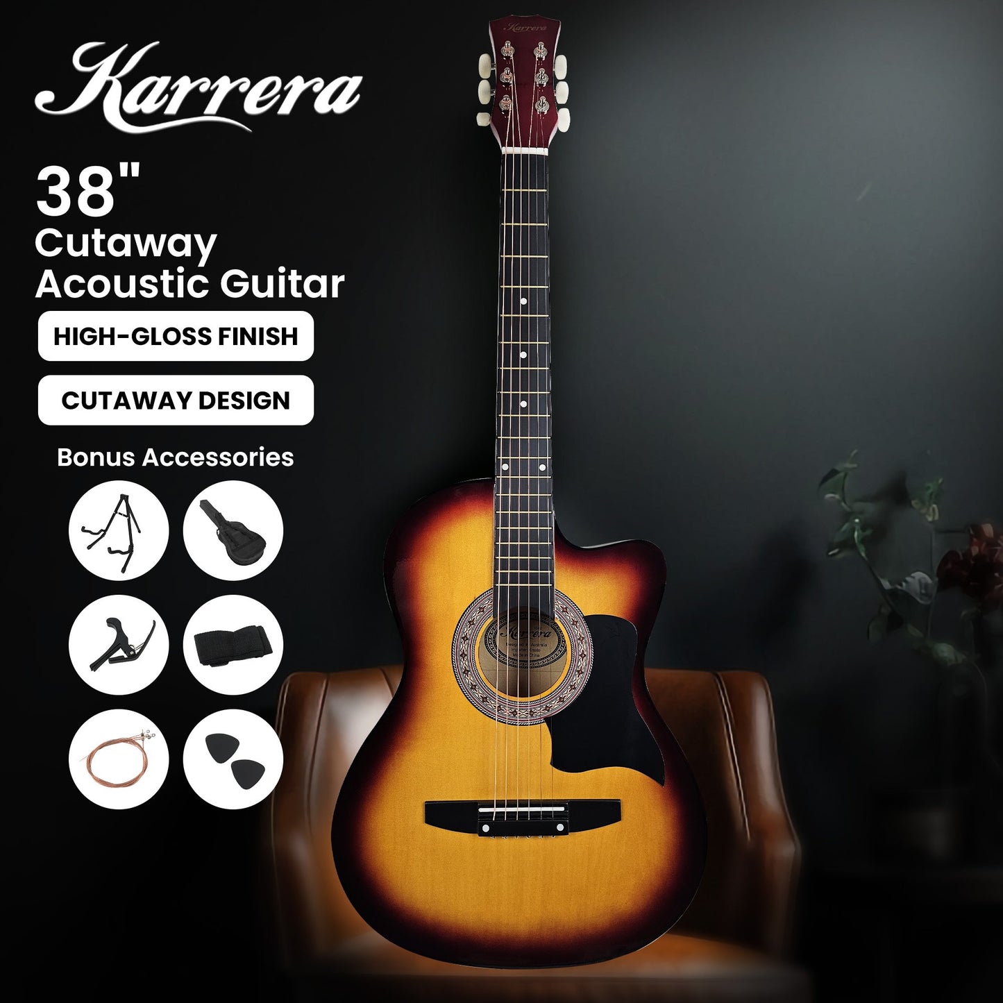 Acoustic Guitar | Karrera 38 Inch Pro Cutaway | Steel Strings | Sunburst - Audio & Video > Musical Instrument & Accessories > Guitars - Fosmore