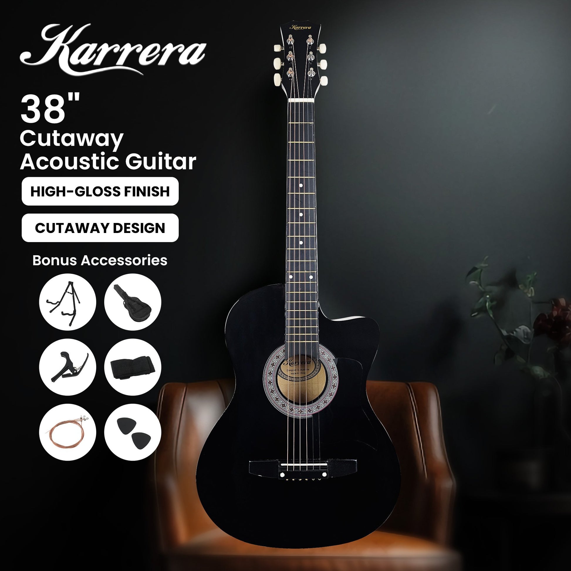 Acoustic Guitar | Karrera 38 Inch Pro Cutaway | Steel Strings | Black - Audio & Video > Musical Instrument & Accessories > Guitars - Fosmore
