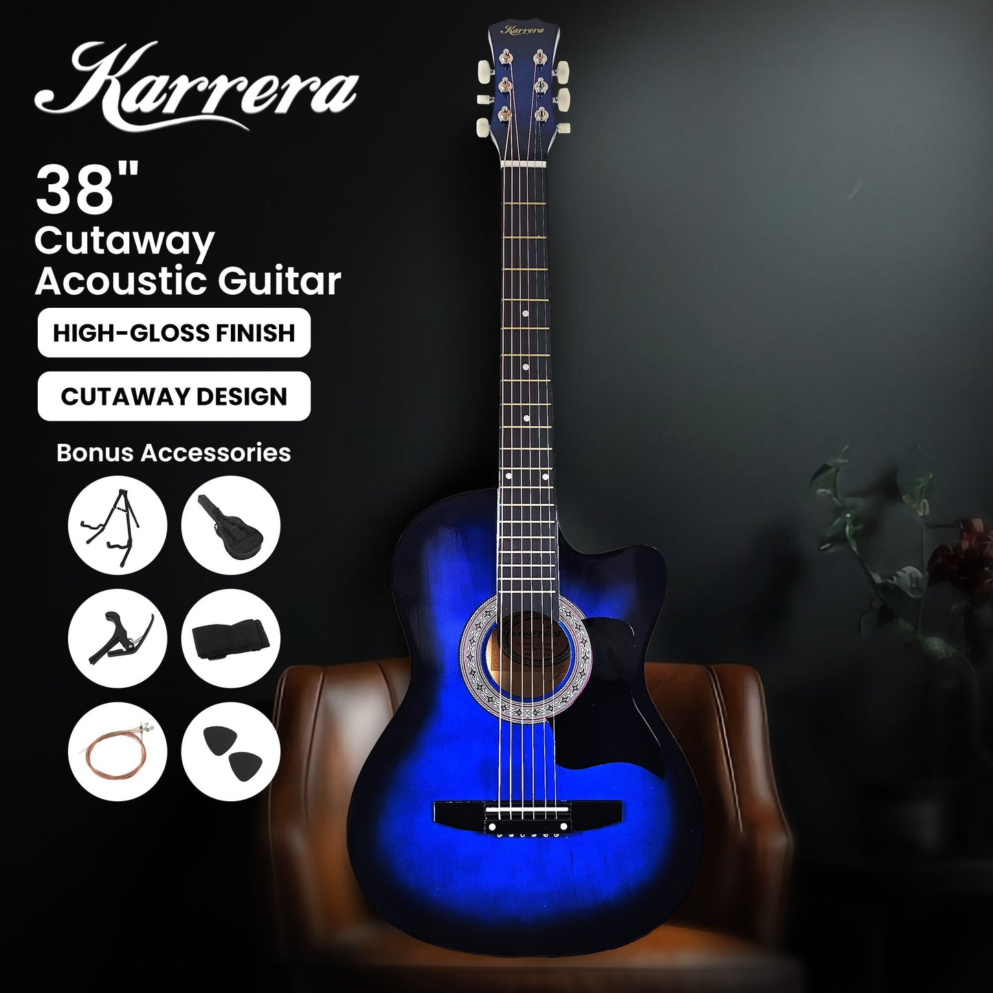 Acoustic Guitar | Karrera 38 Inch Pro Cutaway | Steel Strings | Blue Burst - Audio & Video > Musical Instrument & Accessories > Guitars - Fosmore