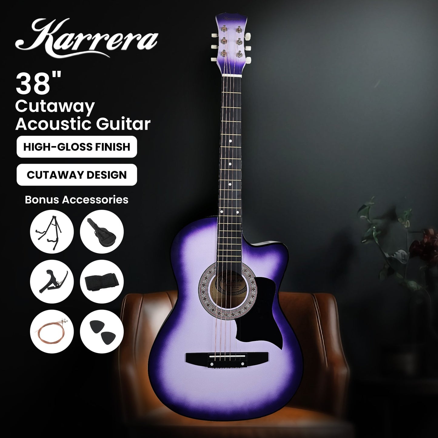 Acoustic Guitar | Karrera 38 Inch Pro Cutaway | Steel Strings | Purple Burst - Audio & Video > Musical Instrument & Accessories > Guitars - Fosmore