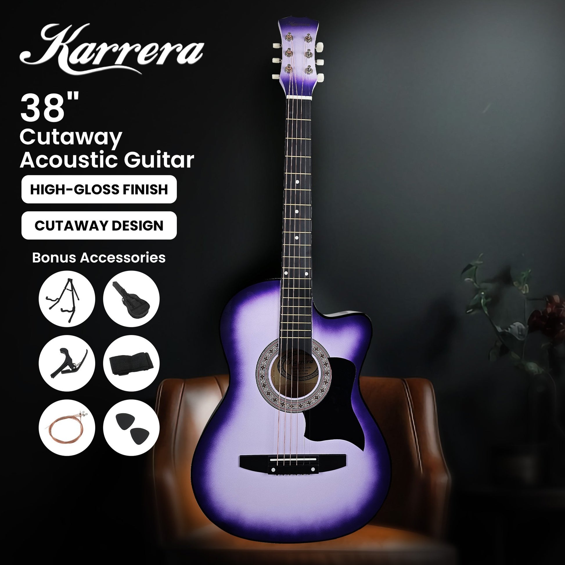 Acoustic Guitar | Karrera 38 Inch Pro Cutaway | Steel Strings | Purple Burst - Audio & Video > Musical Instrument & Accessories > Guitars - Fosmore