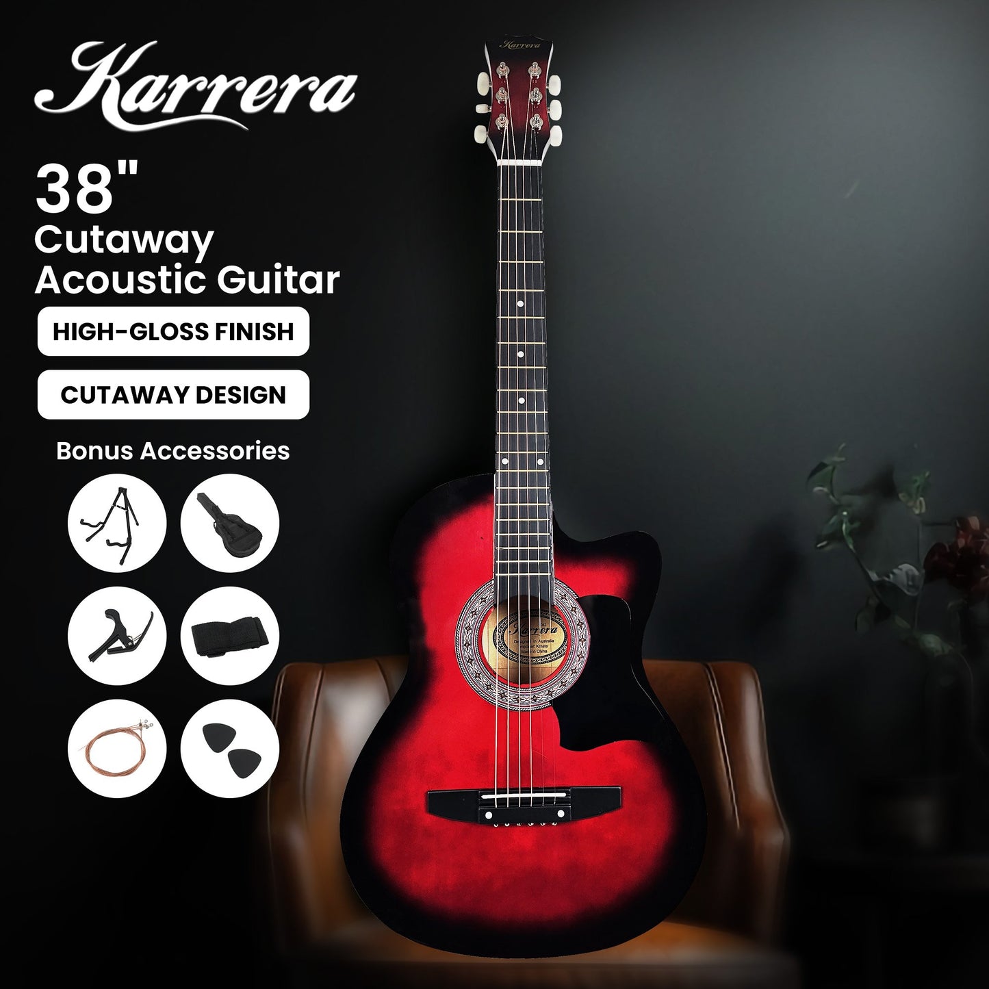Acoustic Guitar | Karrera 38 Inch Pro Cutaway | Red Burst - Audio & Video > Musical Instrument & Accessories > Guitars - Fosmore