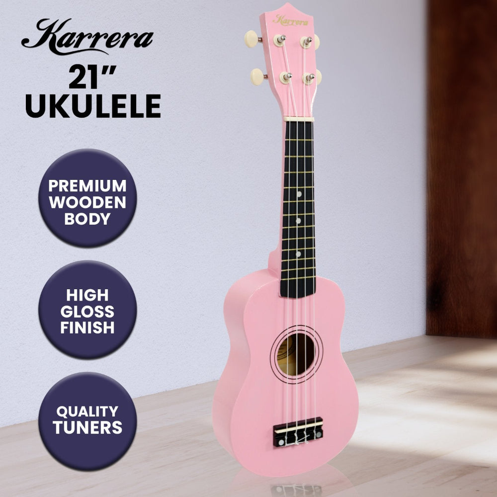 Karrera 21in Ukulele - Pink. premium wooden body, high gloss finish, quality tuners.