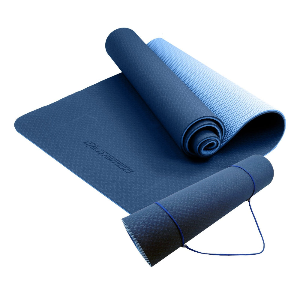 Powertrain Dual Layer 8mm Yoga Mat | Dark Blue | Non-slip Surface & Carry Strap.