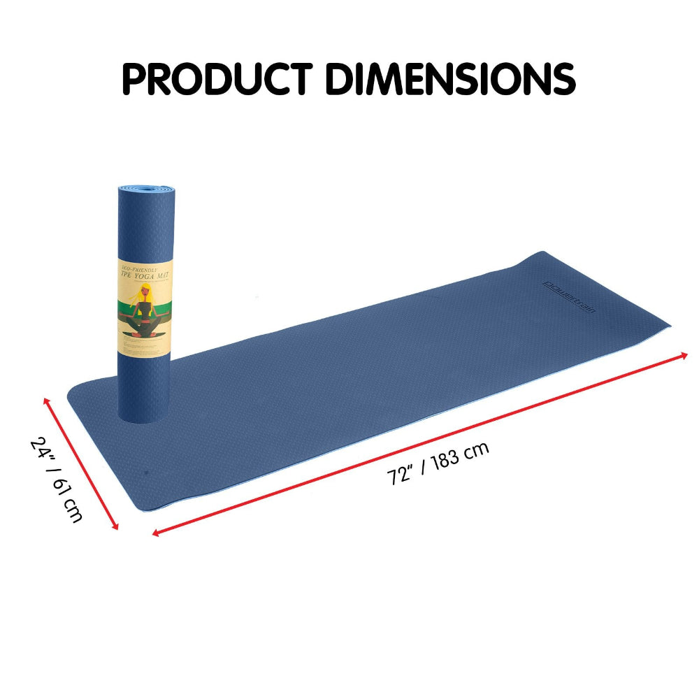 Powertrain Dual Layer 8mm Yoga Mat | Dark Blue | Non-slip Surface & Carry Strap. Dimensions 183cm x 61cm.