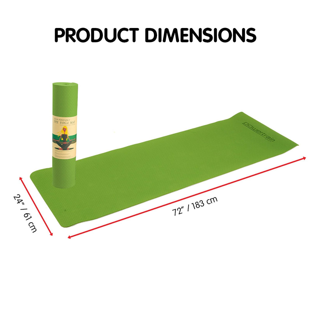 Powertrain Dual Layer 8mm Yoga Mat | Lime Green | Non-slip Surface & Carry Strap. Dimensions 183cm x 61cm.