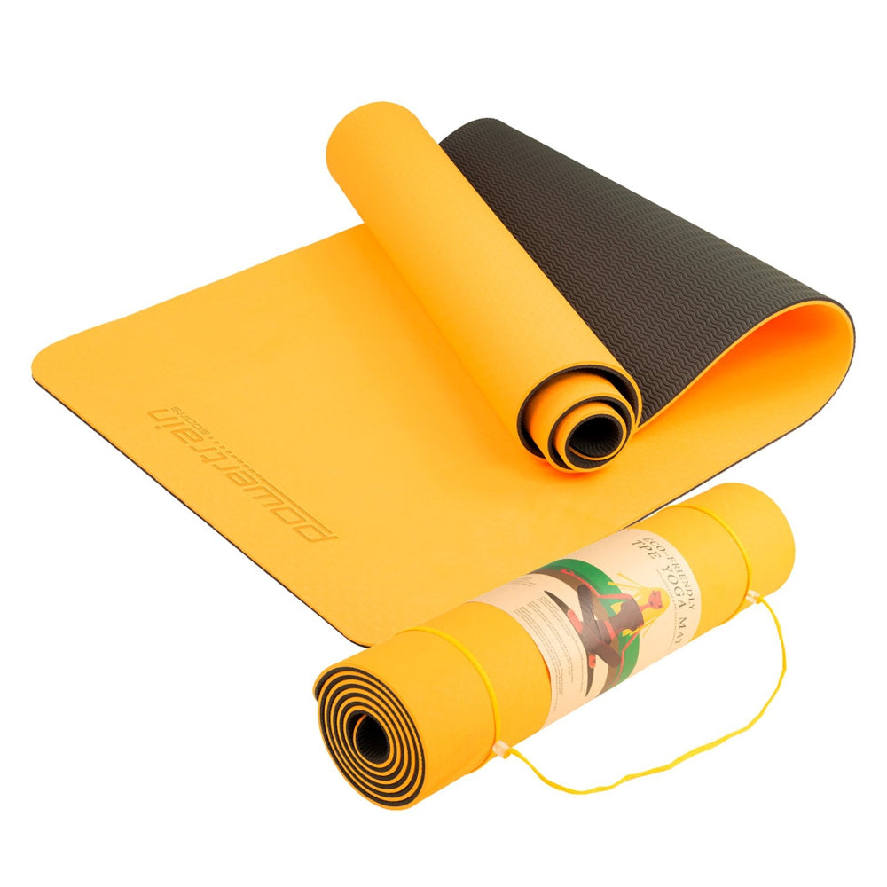 Powertrain Eco-friendly Dual Layer 8mm Yoga Mat | Orange | Non-slip Surface & Carry Strap