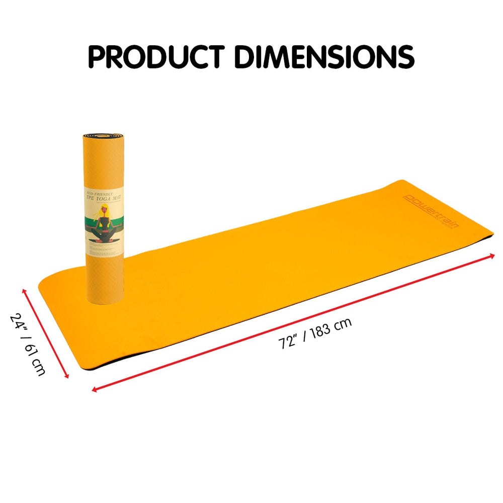 Powertrain Eco-friendly Dual Layer 8mm Yoga Mat | Orange | Non-slip Surface & Carry Strap. Dimensions 183cm x 61cm.