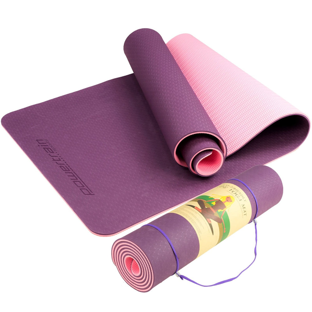 Powertrain Eco-friendly Dual Layer 8mm Yoga Mat | Purple | Non-slip Surface & Carry Strap