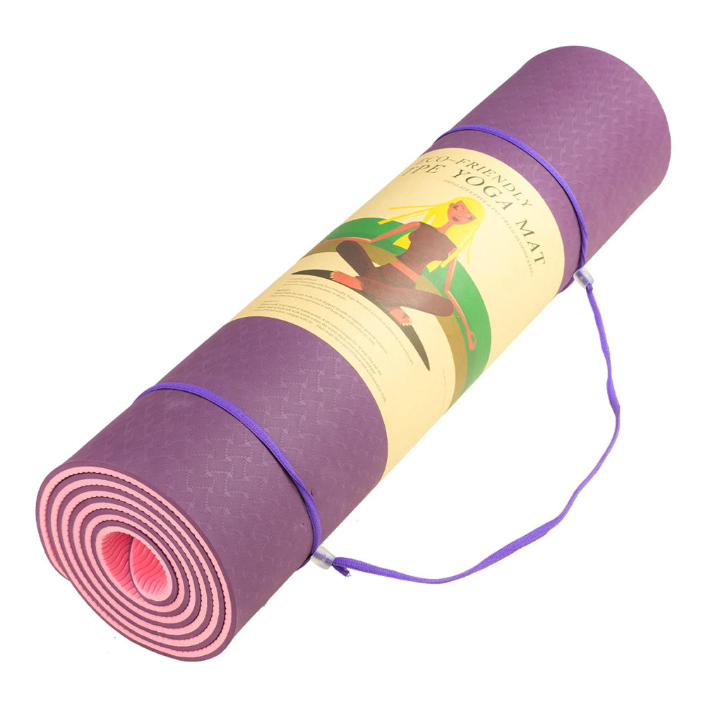 Powertrain Eco-friendly Dual Layer 8mm Yoga Mat | Purple | Non-slip Surface & Carry Strap