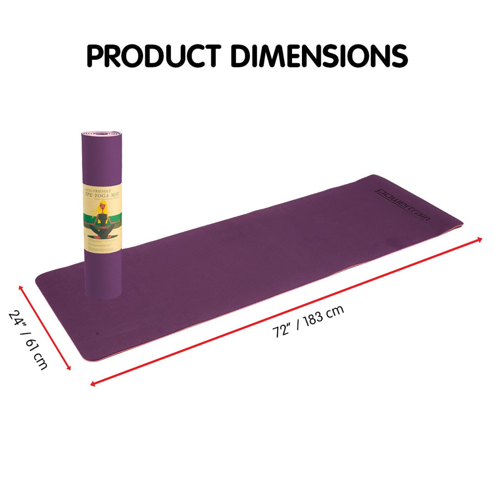 Powertrain Eco-friendly Dual Layer 8mm Yoga Mat | Purple | Non-slip Surface & Carry Strap. Dimensions 183cm x 61cm.