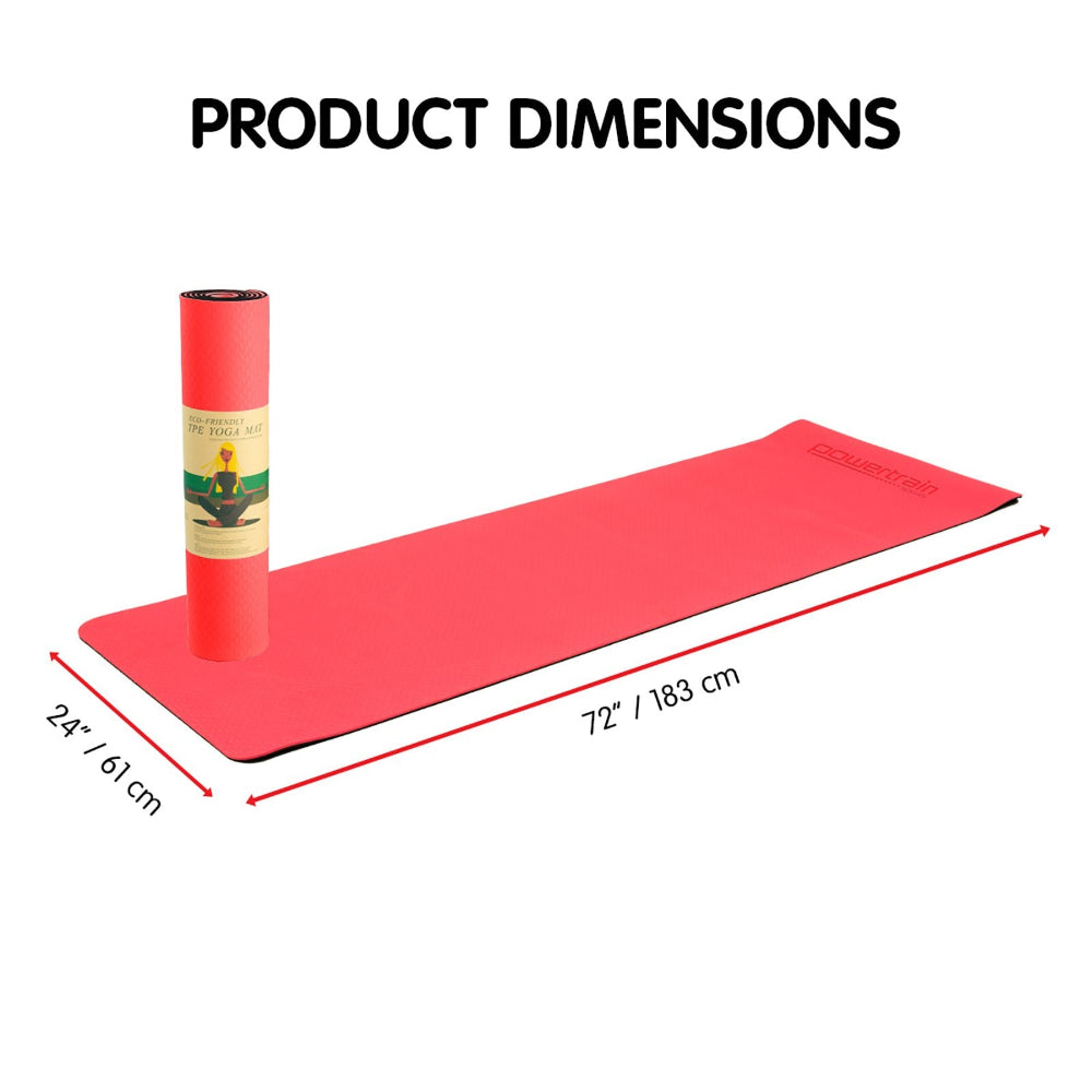 Powertrain Eco-friendly Dual Layer 8mm Yoga Mat | Red Blush | Non-slip Surface & Carry Strap. Dimensions 183cm x 61cm.