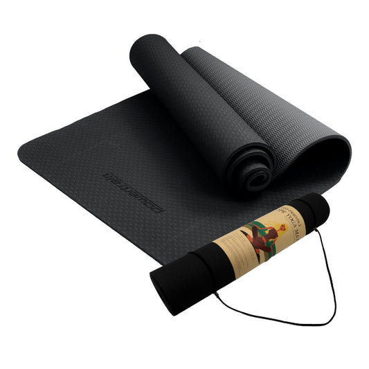 Powertrain Eco-friendly Dual Layer 6mm Yoga Mat | Midnight | Non-slip Surface & Carry Strap.