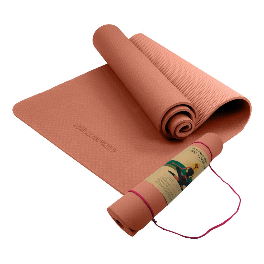 Powertrain Eco-friendly Dual Layer 6mm Yoga Mat | Peach | Non-slip Surface & Carry Strap.