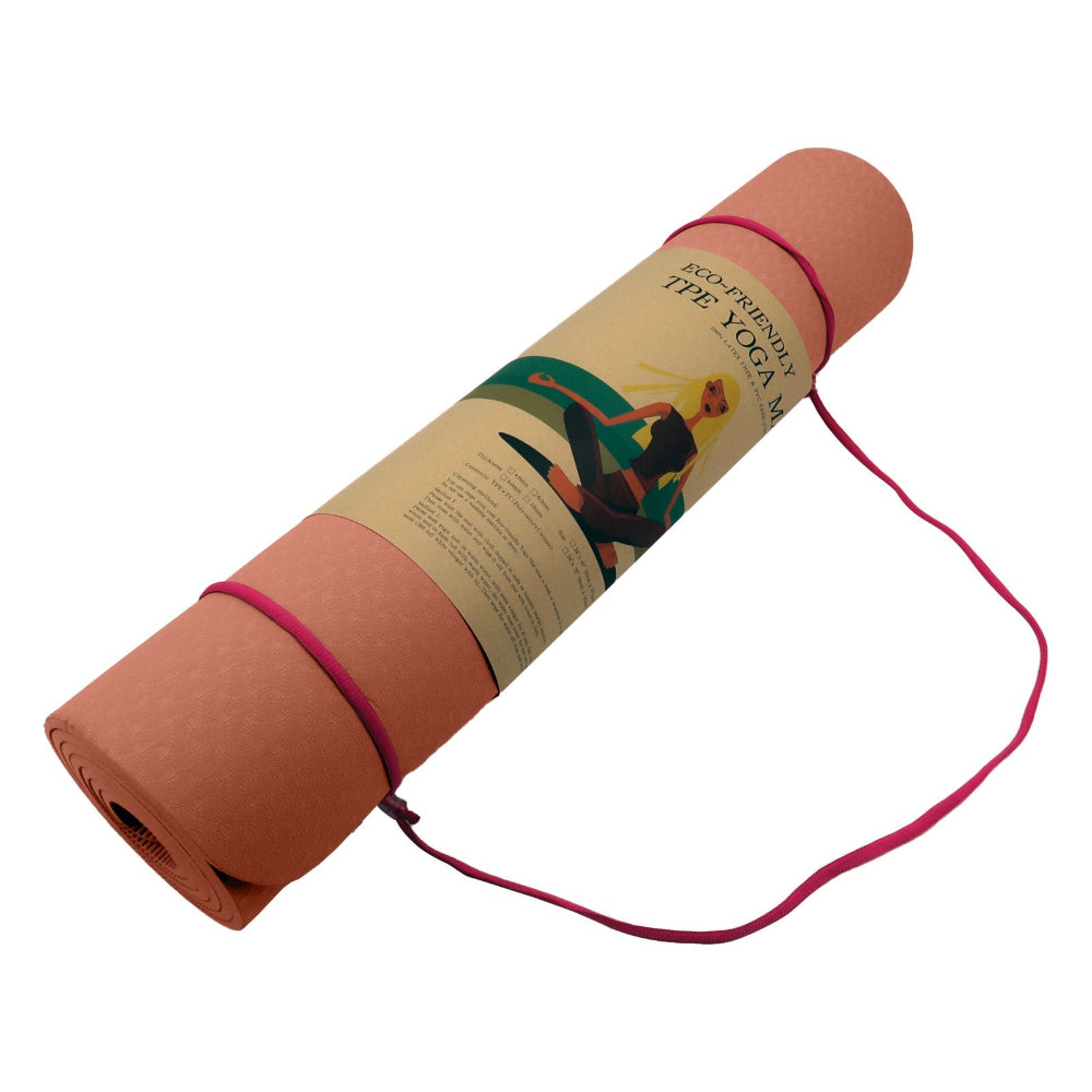 Powertrain Eco-friendly Dual Layer 6mm Yoga Mat | Peach | Non-slip Surface & Carry Strap