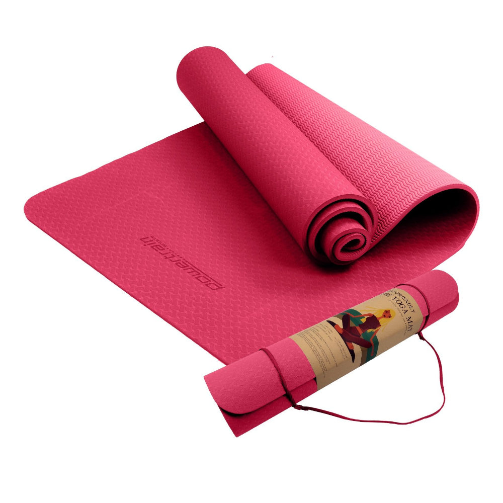 Powertrain Eco-friendly Dual Layer 6mm Yoga Mat | Pink | Non-slip Surface & Carry Strap