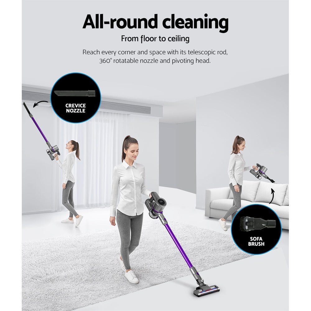 Stick Vacuum | Devanti | Bagless Cordless 120W | Purple & Grey - Appliances > Vacuum Cleaners > Stick Vacuums - Fosmore